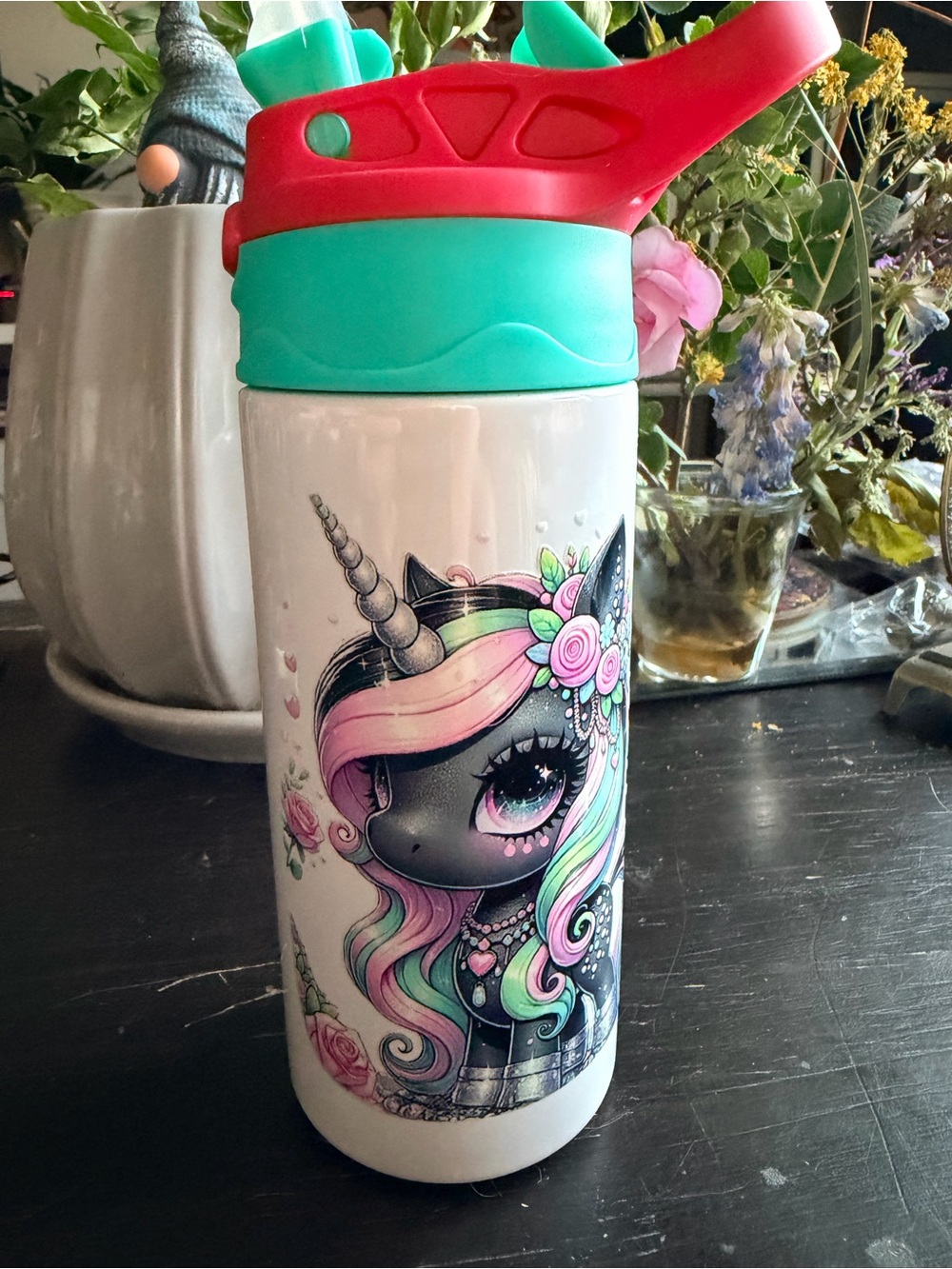 Kids Tumbler Black Unicorn Pink Stainless Steel Water Bottle Handmade NOT Vinyl